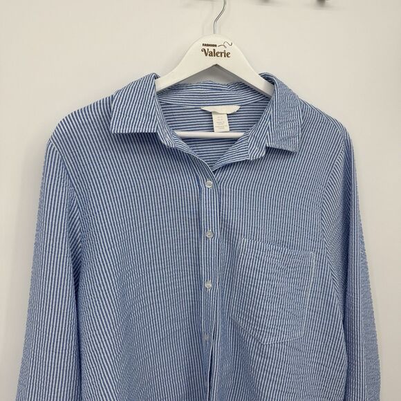 H&M Blue & White Pinstripe Button Front Tie Top Size US 12 - Picture 2 of 10